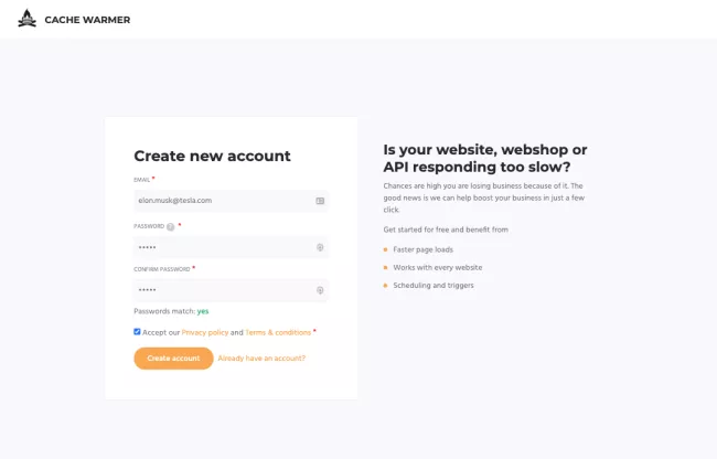 CacheWarmer create an account