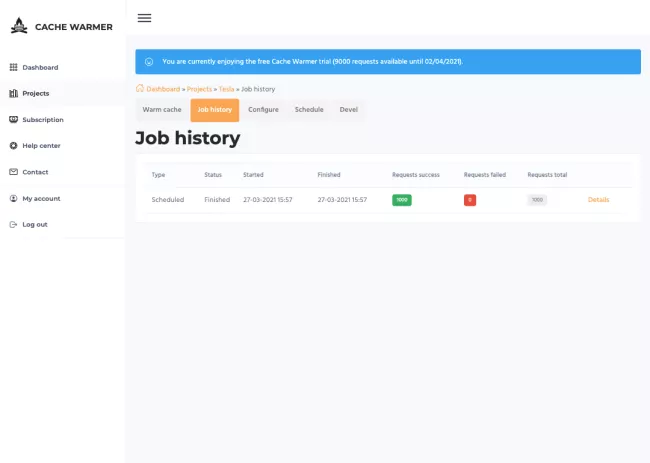 Cache Warmer job history