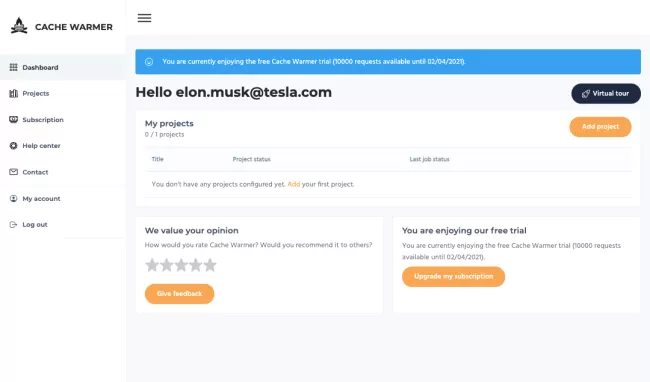 Cache Warmer dashboard