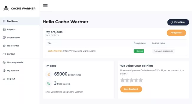 Cache Warmer dashboard